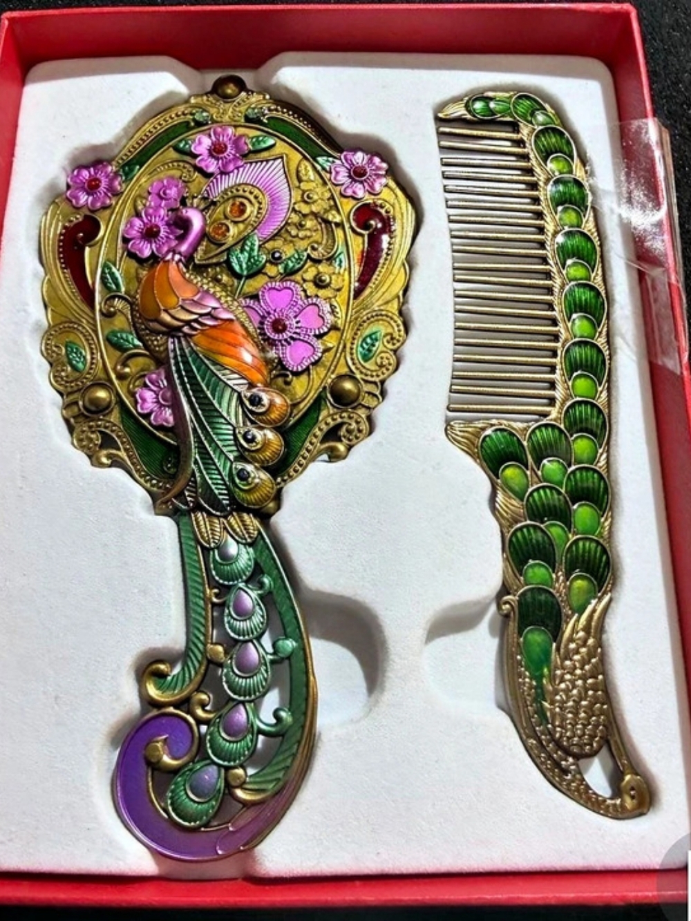 Marjya Floral Mirror & Comb Set in Green & Purple Like New
